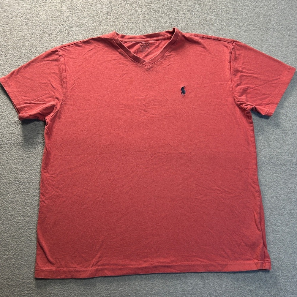 Polo Ralph Lauren T-Shirt Mens XL Red V-Neck 100% Cotton Navy Pony Logo Classic
